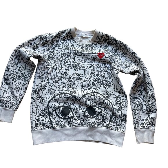 Comme Des Garçons Play Size L Black & White Doodle Graphic Print Sweatshirt - Picture 1 of 12